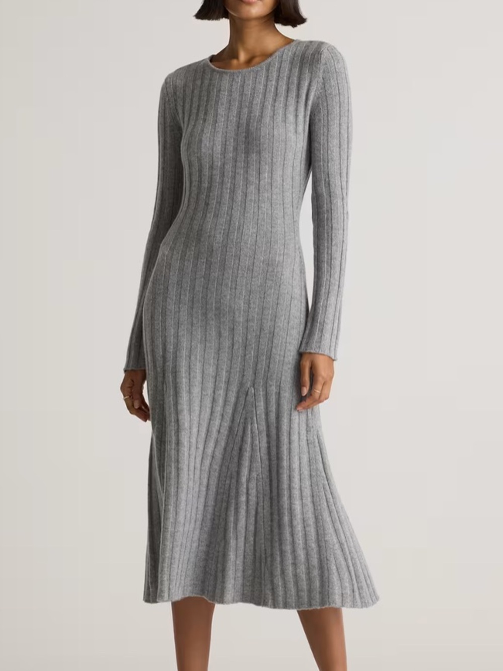 Quince Mongolian Cashmere Wide Rib Knit Long Sleeve Midi Dress Grey Small S